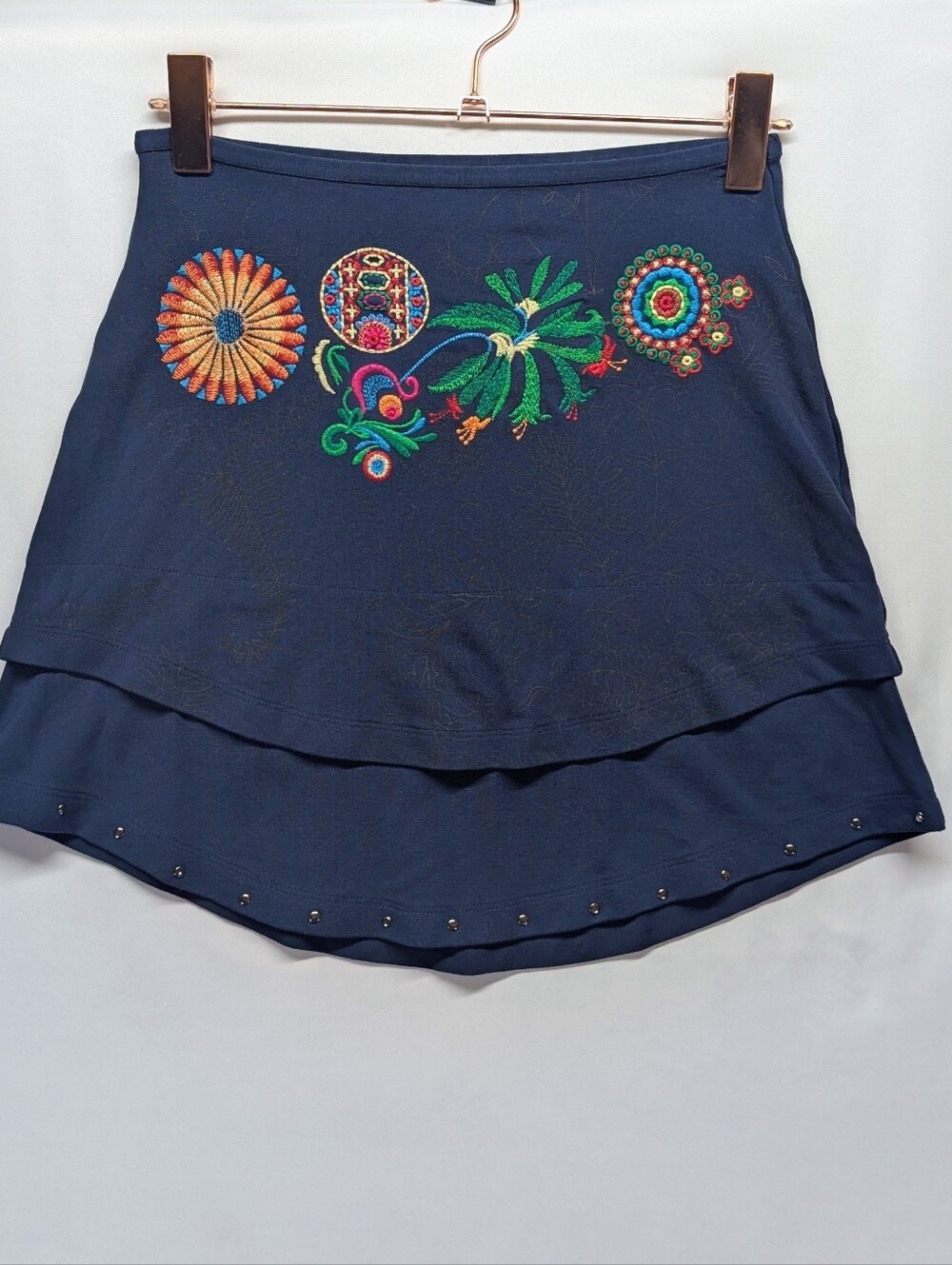 76.Desigual Navy High-Low Skirt with Multicolor Embroidery‎